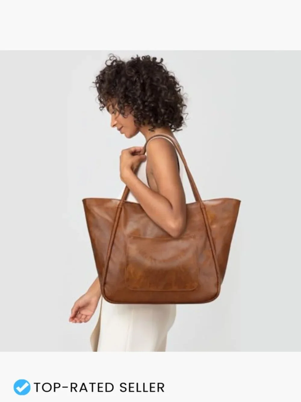 Large PU Leather Tote Bag with Zipper Work Travel Purse Spacious Shoulder